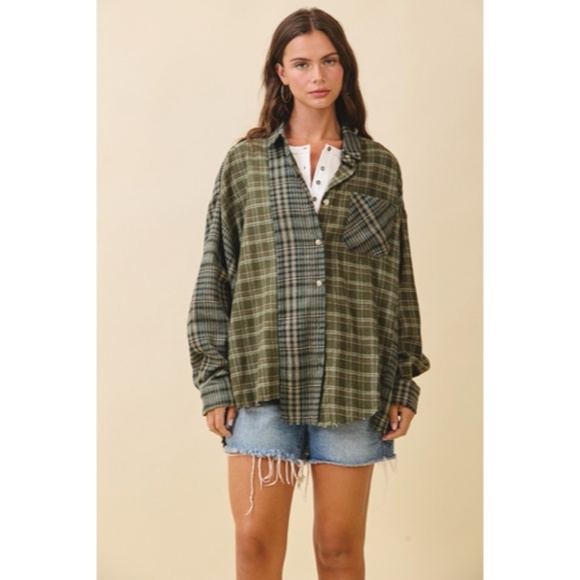 Olive Green Kambrie Button Down Plaid Patchwork Flannel Casual Shirt - Picture 8 of 9